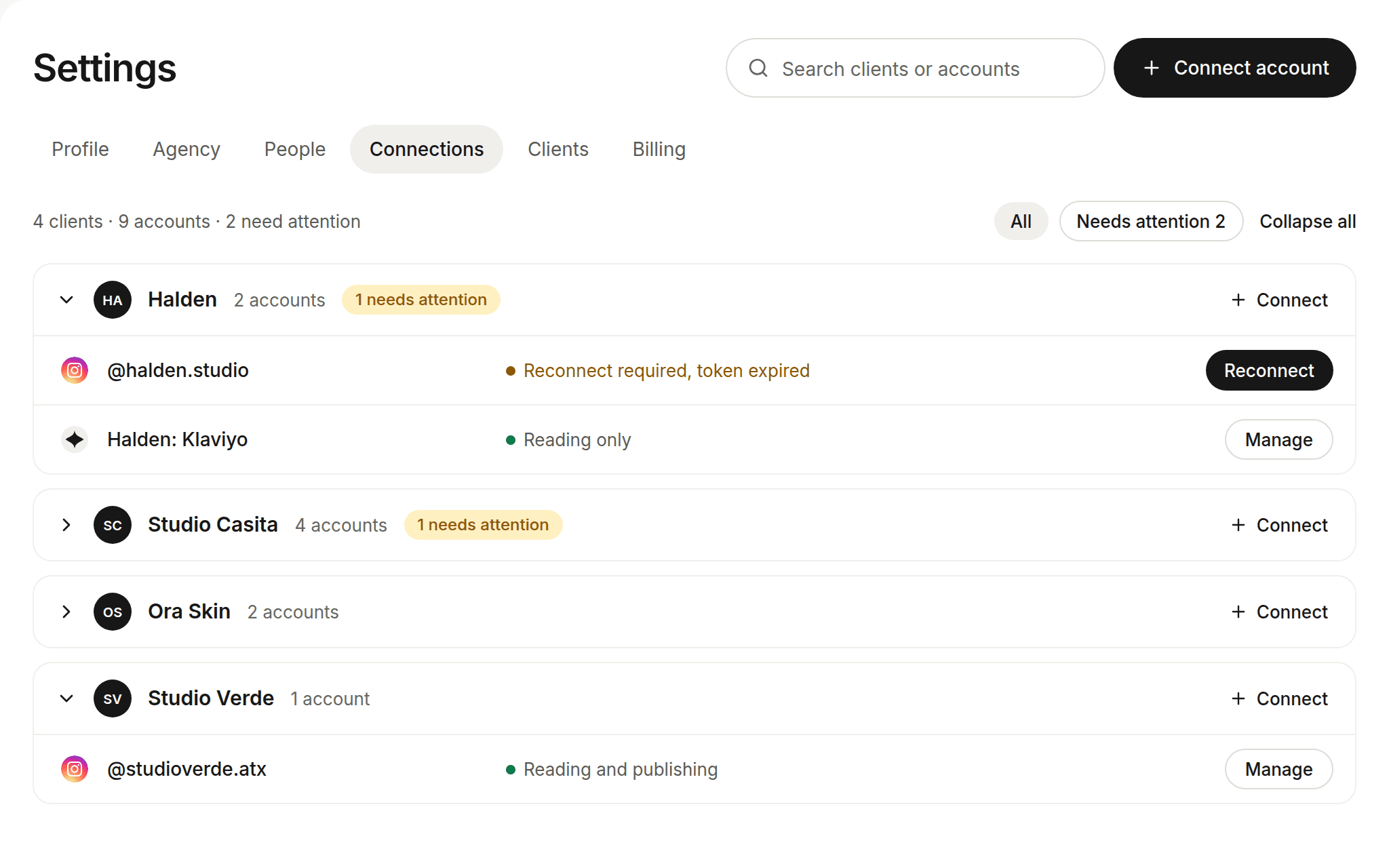 Settings, Connections, with a client's connected accounts