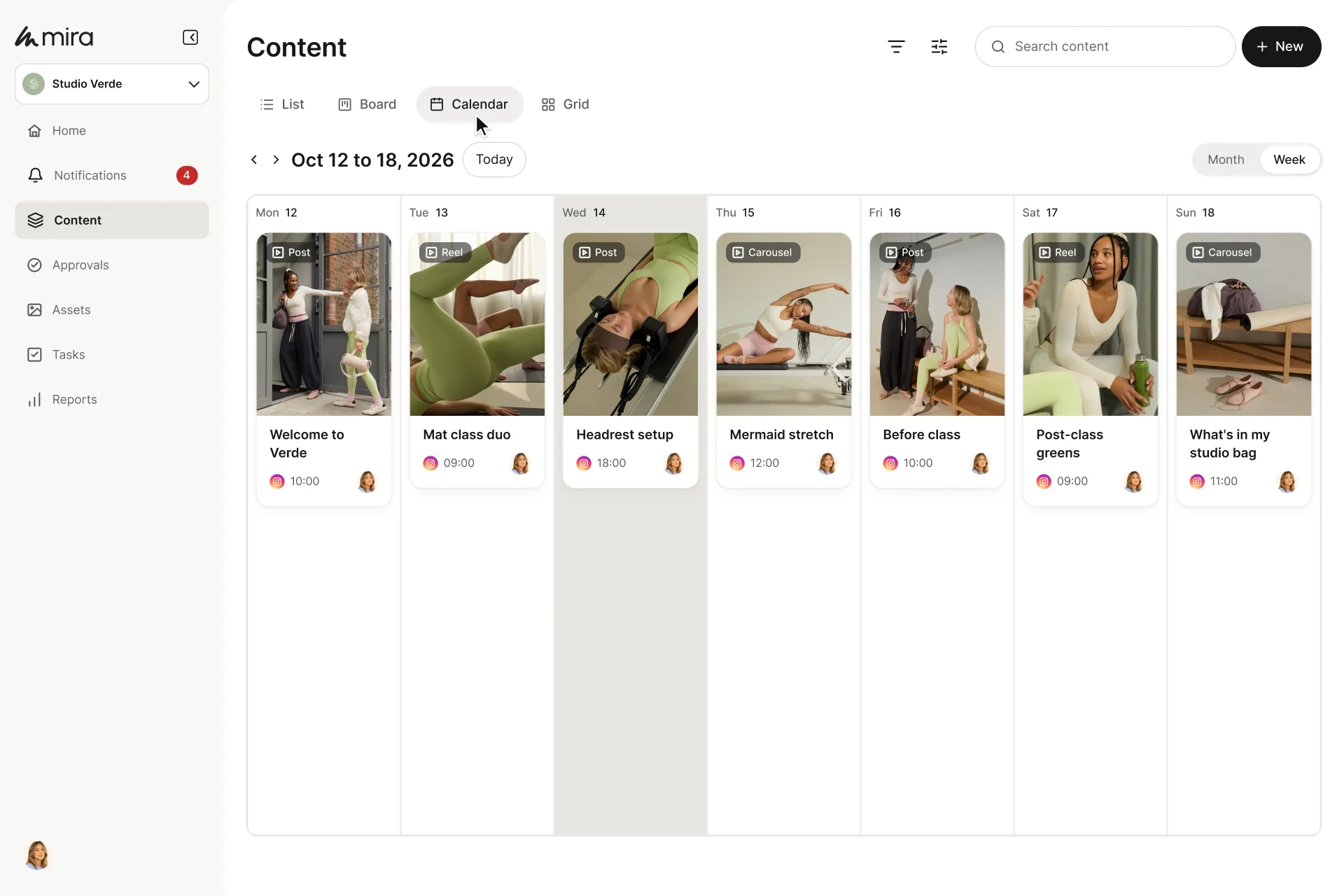 A Content page in Mira switching between Board, Calendar, Grid and List views of the same Studio Verde posts